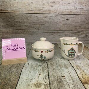 Thomson Pottery BIRDHOUSE Heart Vine Border Stoneware Sugar Bowl & Creamer Set